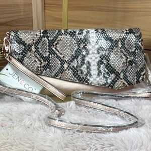 Jen & Co. Metallic Snake Print Foldover Clutch | Vegan Leather Handbag NWT